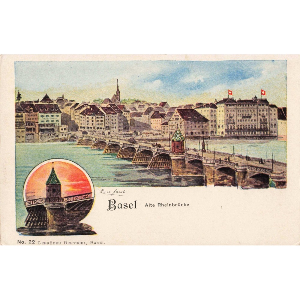 Basel Switzerland Alte Rheinbrücke Old Rhine Bridge Postcard Gebrüder Bertschi